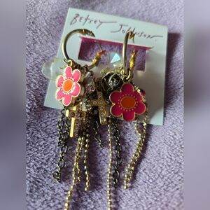 Betsey Johnson Dangle Earrings Flowers Heart Cross Charms